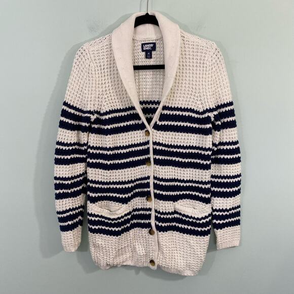 Lands' End Women's White & Navy Nautical Shawl Collar Knit Cardigan Size M - Picture 1 of 8